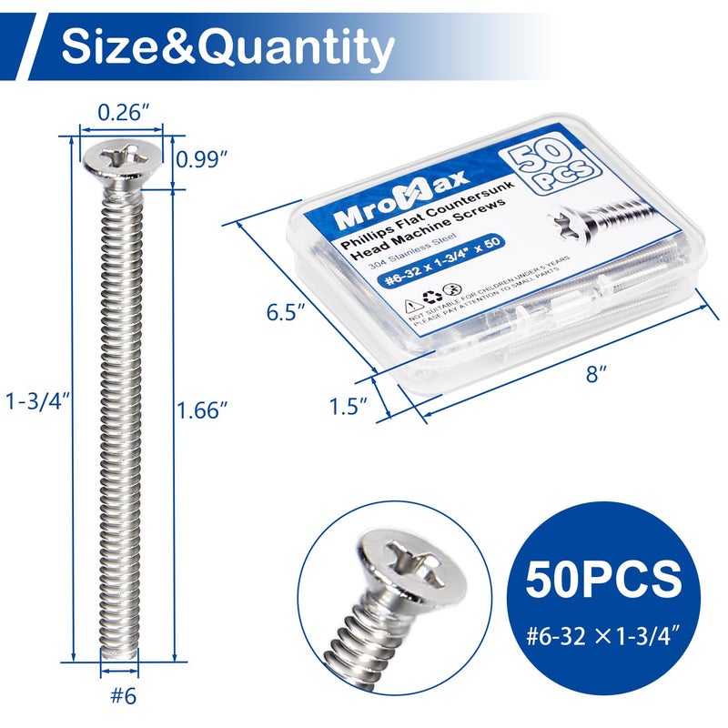 MroMax 50Pcs #6-32 Extra Long Outlet Screws, #6-32 x 1-3/4" 304 Stainless Steel Long Electrical Outlet Machine Screws, Silver Phillips Flat Head Countersunk Mounting Screws - Image 3